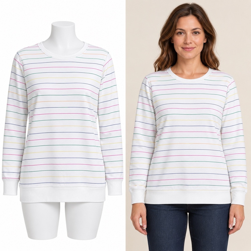 Lands End Serious Sweats Women M 10-12 White Rainbow Striped Crewneck Sweatshirt